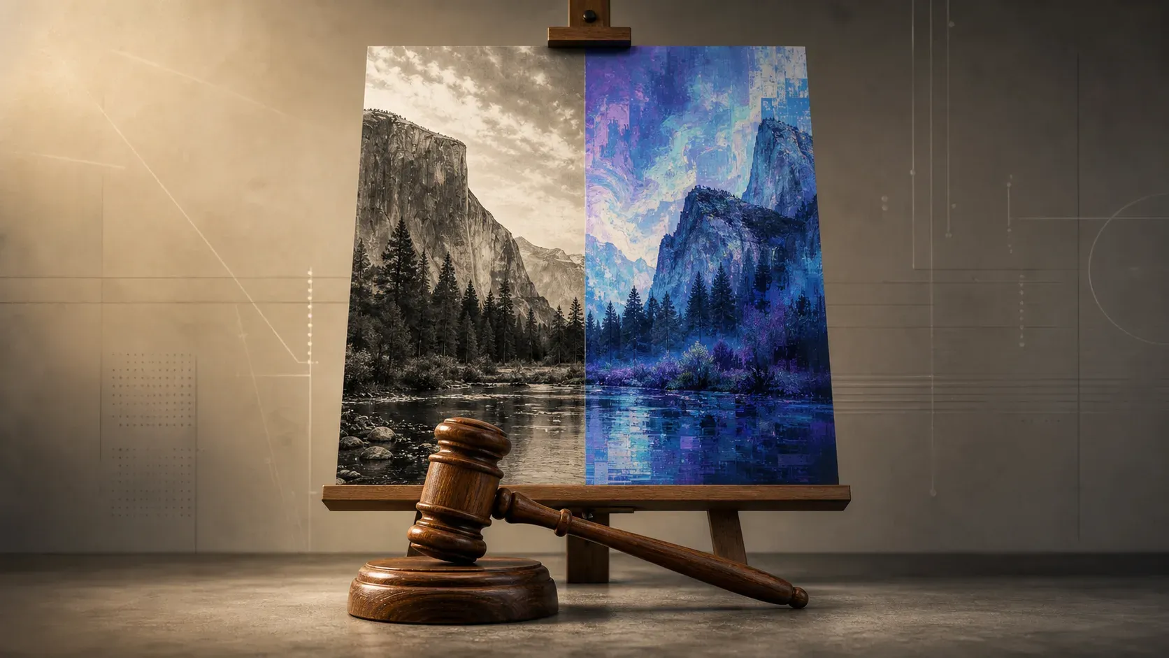 法槌与 AI 图像对质的插画