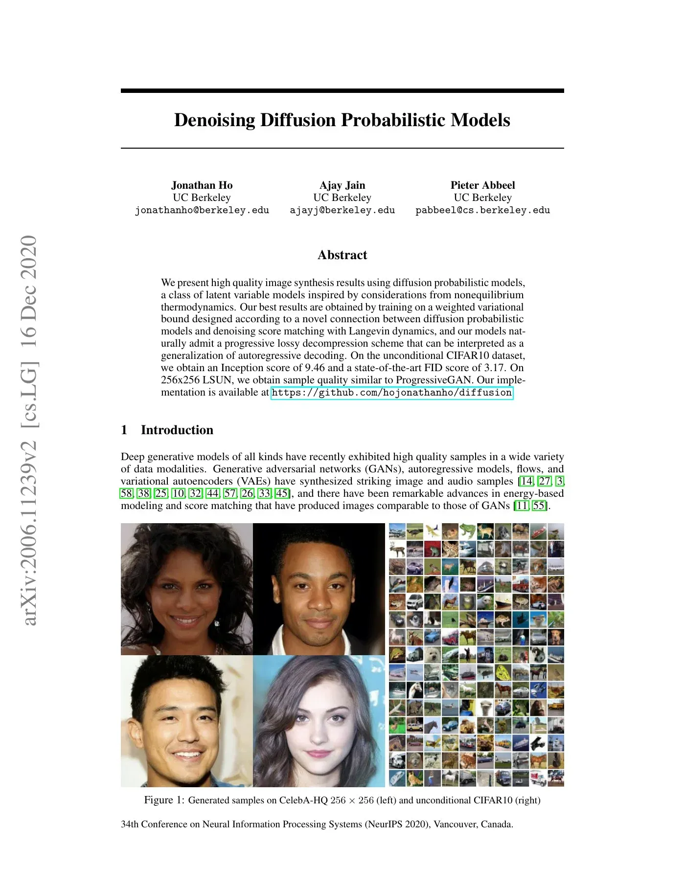 《Denoising Diffusion Probabilistic Models》论文首页