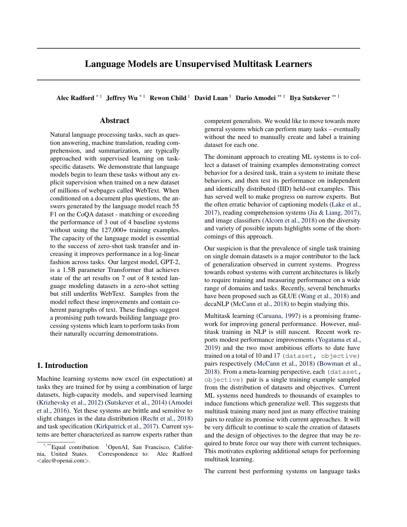 《Language Models are Unsupervised Multitask Learners》技术报告首页