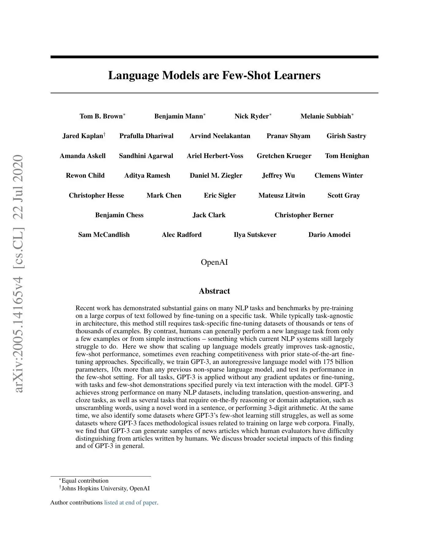 《Language Models are Few-Shot Learners》论文首页