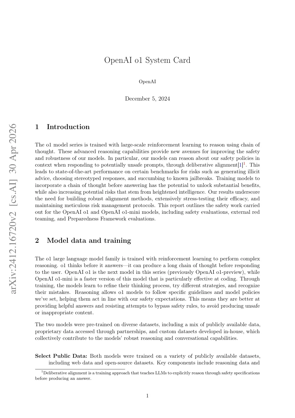 OpenAI o1 系统卡首页，正文介绍以强化学习训练推理过程及其安全评估