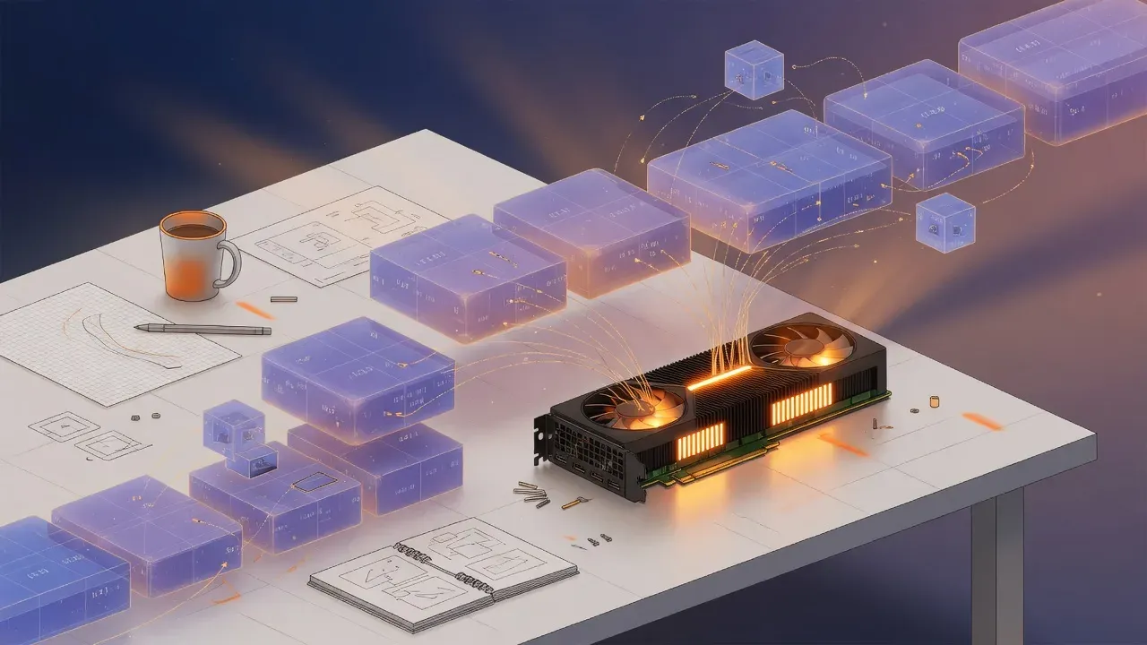 实验桌上发光的 GPU 与漂浮的张量方块以橙色能量相连