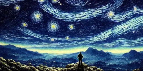 Stable Diffusion 发布图中的星空与山岭，前景有一位仰望天空的人